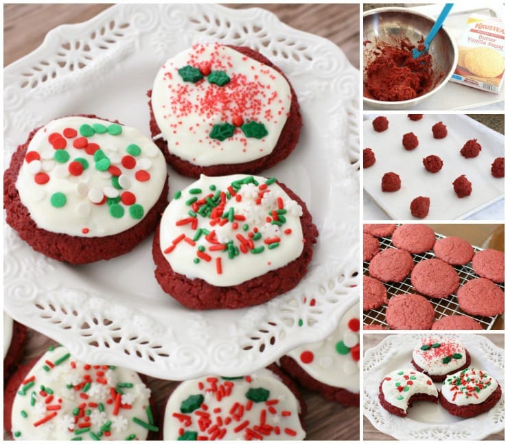 Red Velvet Christmas Cookies are buttery and rich, topped with cream cheese icing and holiday sprinkles to make these festive cookies irresistible!