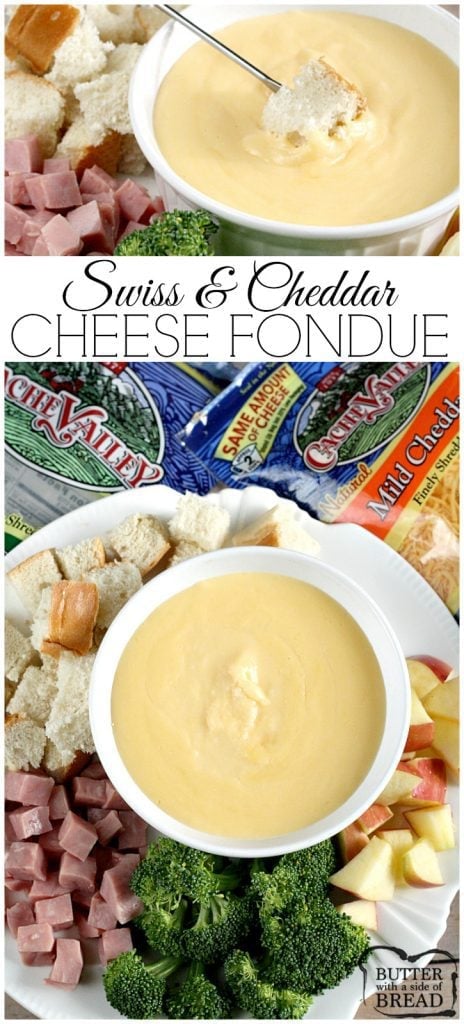 This creamy Swiss & Cheddar Cheese fondue is an easy cheese fondue recipe that is perfect for holiday dinners, parties and family gatherings!