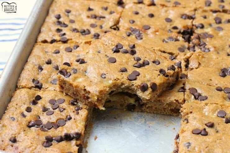 Chocolate Chip Banana Bars are a simple & delicious banana bar recipe that's even better than banana bread! Made with 5 ripe bananas, they're the perfect banana recipe. Great for breakfast, lunch and snacks in between. Check out all the 5 star reviews- everyone raves about these Chocolate Chip Banana Bars!