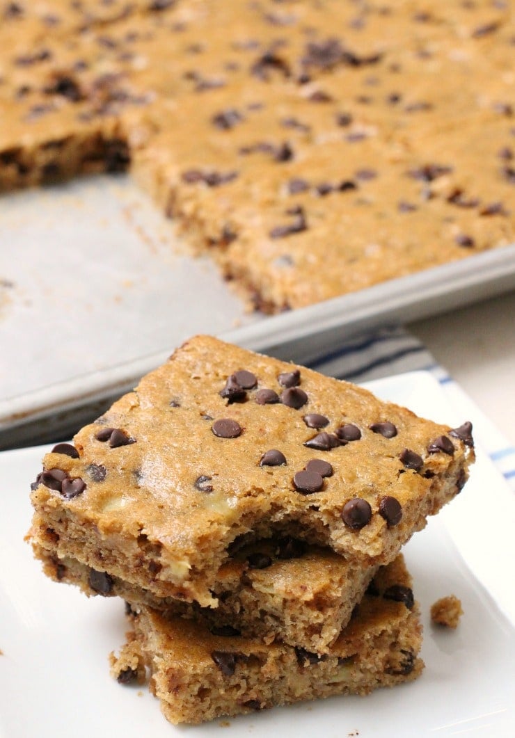 These Chocolate Chip Banana Bars are perfect for breakfast, lunch, or a snack! They are delicious, filling, and your whole family will love them. Packed with 5 ripe bananas and made with whole wheat flour they're a great option when you're hungry or on the go.