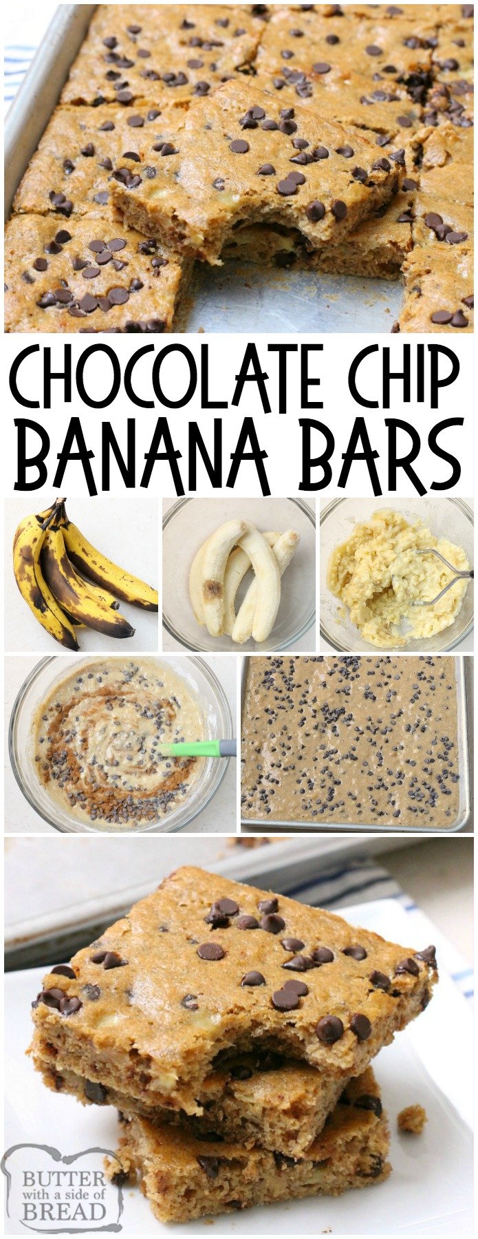 Chocolate Chip Banana Bars are a simple & delicious banana bar recipe that's even better than banana bread! Made with 5 ripe bananas, they're the perfect banana recipe. Great for breakfast, lunch and snacks in between. Check out all the 5 star reviews- everyone raves about these Chocolate Chip Banana Bars! #banana #recipe #chocolate #chocolatechip #breakfast #lunch #snack #bananas #recipes Fantastic BANANA RECIPE from BUTTER WITH A SIDE OF BREAD