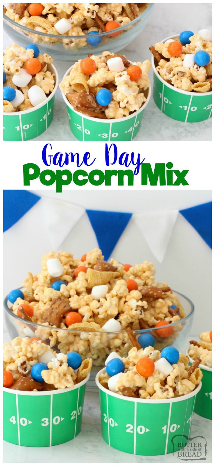 Gameday Popcorn Mix is sweet, salty, and perfect for your crowd of excited sports fans (especially when you easily customize it to your team's colors)! #popcornrecipe 