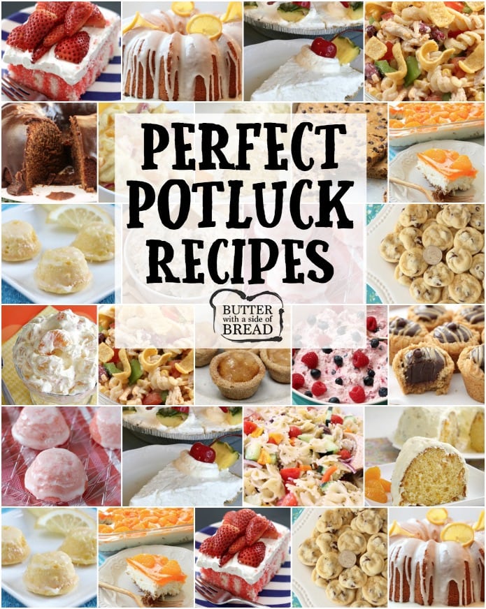 Our favorite POTLUCK RECIPES all in one place! Includes our popular recipes for Fiesta Ranch Chicken Pasta Salad, Lemon Cake Drops, Chocolate Chip Banana Bars, Orange Cream Fruit Salad and more. Perfect recipes for planning your next potluck dinner.