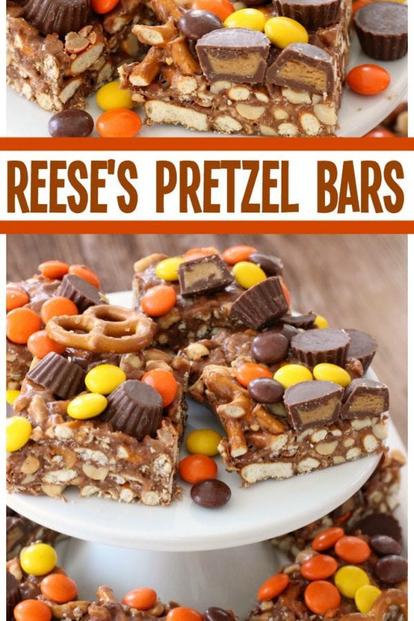 A sweet & salty celebration with the mix of Reese's Peanut Butter Cups, pretzels and marshmallows! These easy-to-make Reese's Pretzel Bars are perfect!