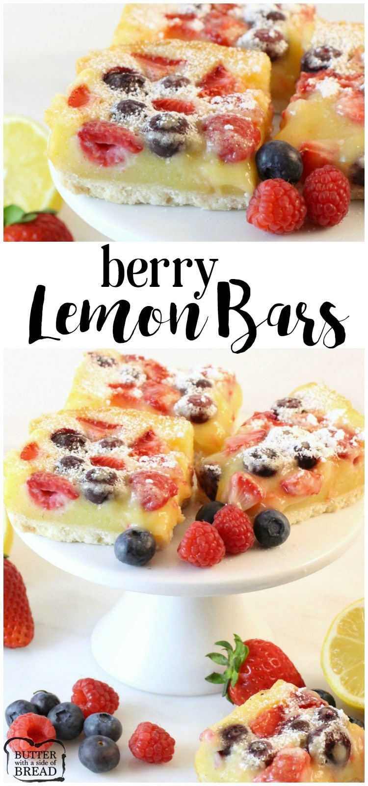 Berry Lemon Bars are a delightful dessert that is perfect for the warm spring and summer months! The fresh fruit in this lemon bar recipe is simply scrumptious and pairs wonderfully with the creamy tart filling.