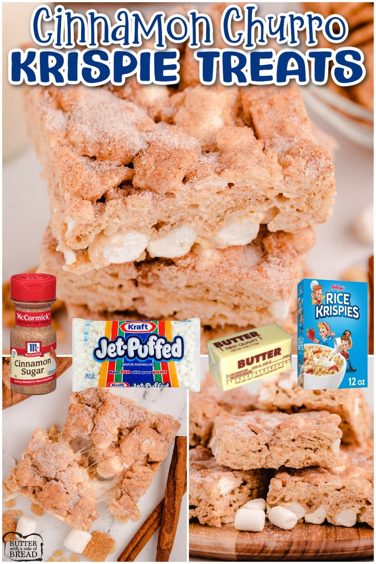 Churro Krispie Treats combine cinnamon sugar with gooey marshmallows & crispy cereal in a simple treat inspired by delicious churros!