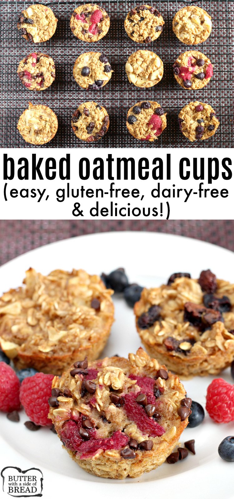 Easy Baked Oatmeal Cups are perfectly portioned and customizable so that everyone in the family can enjoy a quick and healthy breakfast! This baked oatmeal recipe can be enjoyed plain or you can add raspberries, blueberries, chocolate chips, raisins or any other type of topping that you enjoy with oatmeal!