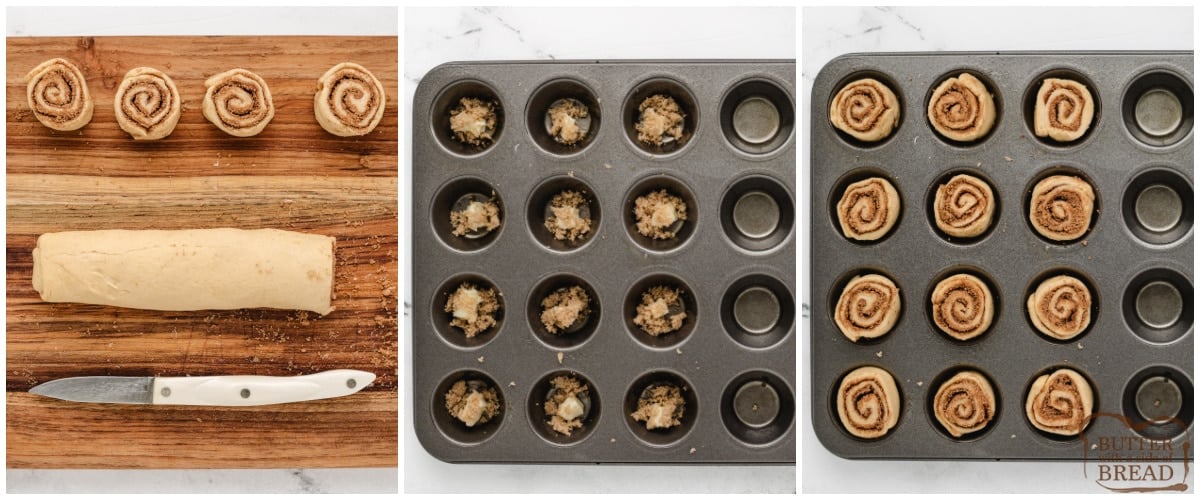 Shaping cinnamon rolls into muffin tins