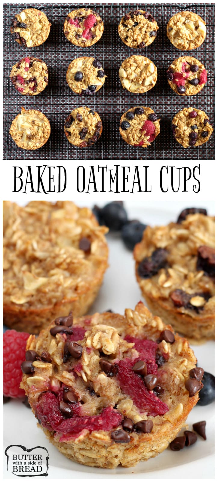 Easy Baked Oatmeal Cups are perfectly portioned and customizable so that everyone in the family can enjoy a quick and healthy breakfast! This baked oatmeal recipe can be enjoyed plain or you can add raspberries, blueberries, chocolate chips, raisins or any other type of topping that you enjoy with oatmeal!