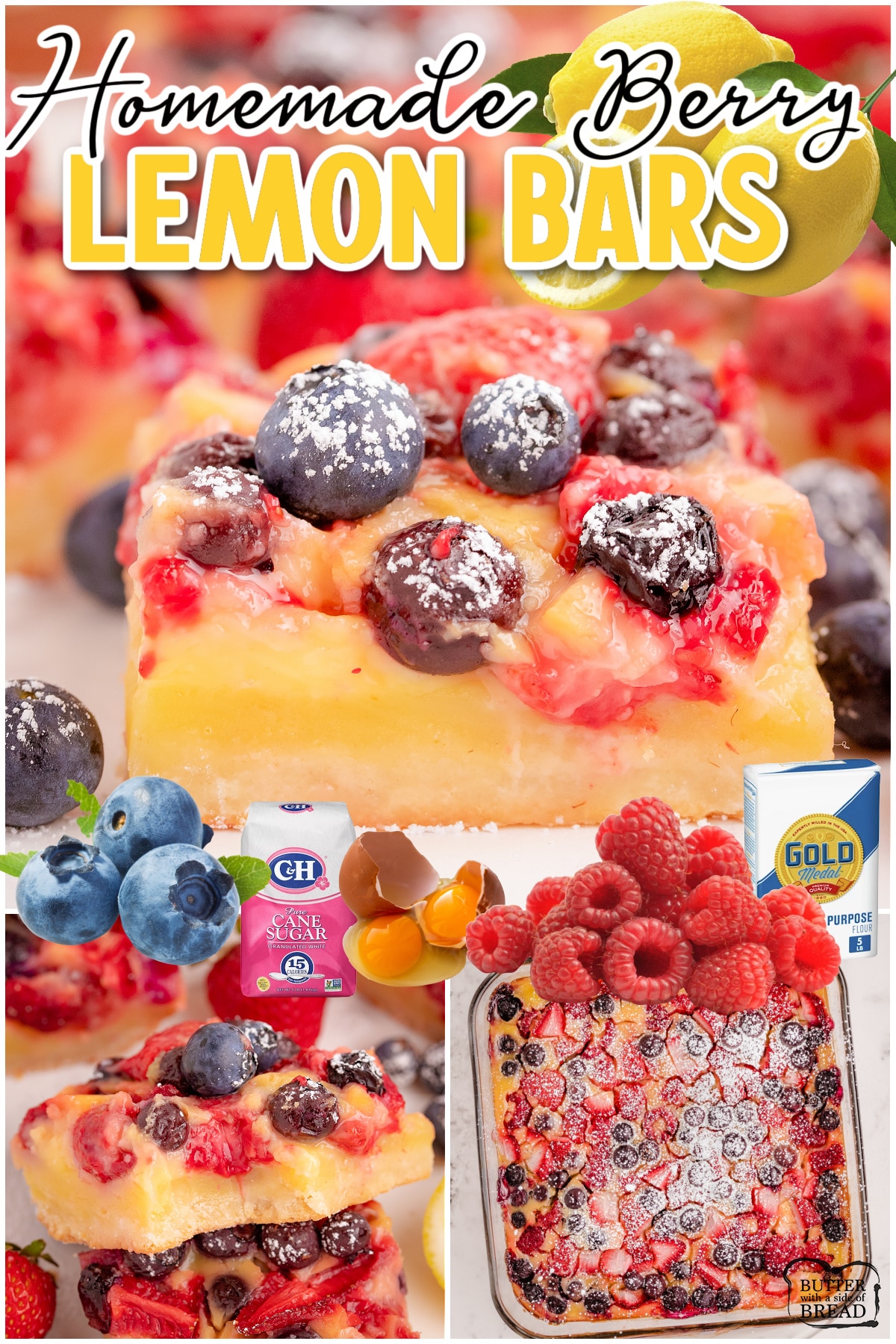 Berry Lemon Bars are a delightful lemon dessert with fresh berries!  The fresh fruit in this lemon bar recipe pairs beautifully with the creamy tart filling for unique, flavorful treat.