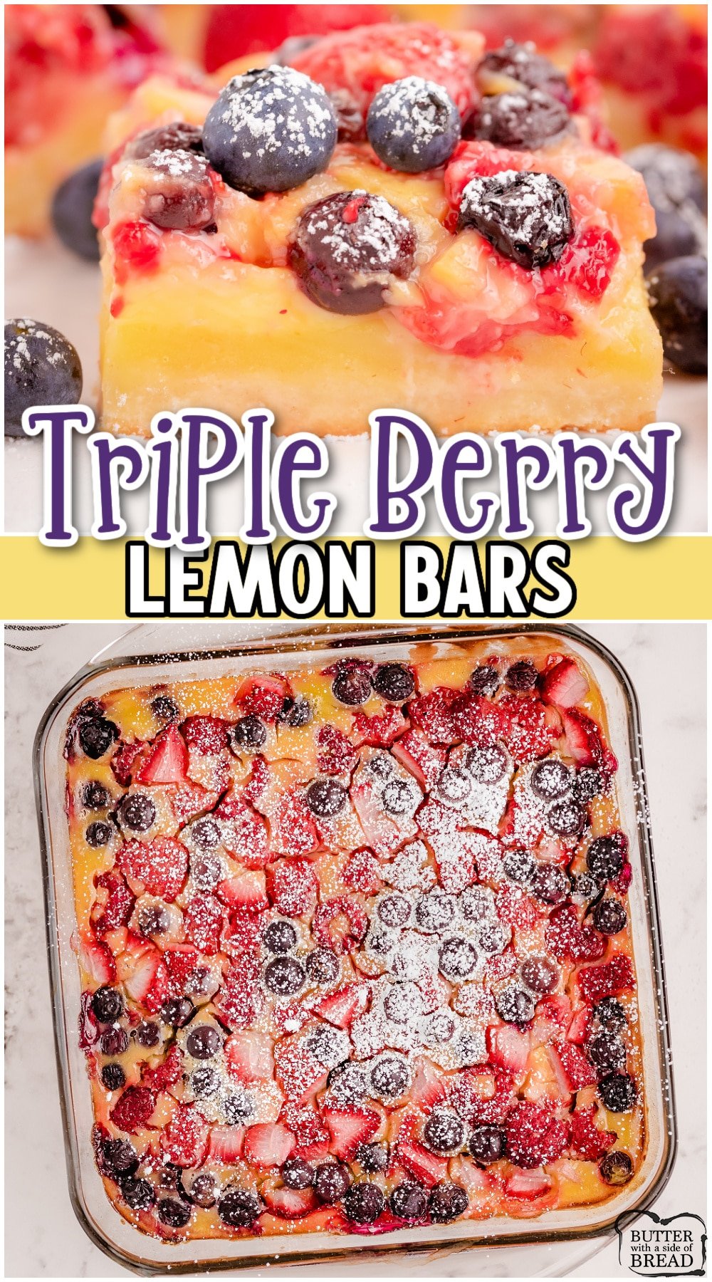 Berry Lemon Bars are a delightful lemon dessert with fresh berries! The fresh fruit in this lemon bar recipe pairs beautifully with the creamy tart filling for unique, flavorful treat.