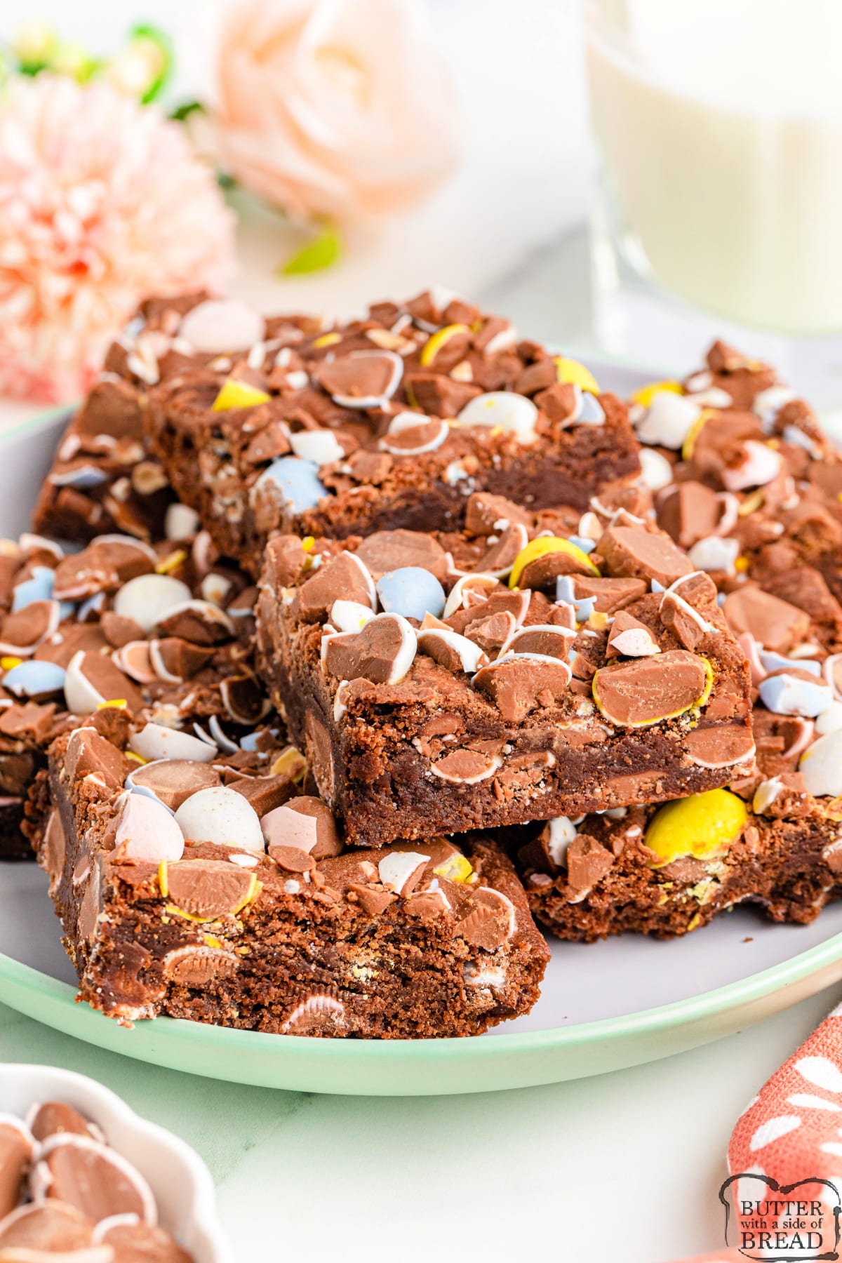 Cadbury Mini Egg Brownies are rich, fudgy, and decadent. Only a few minutes of prep time to make this delicious brownie recipe that is made from scratch and packed with Cadbury Mini Eggs!