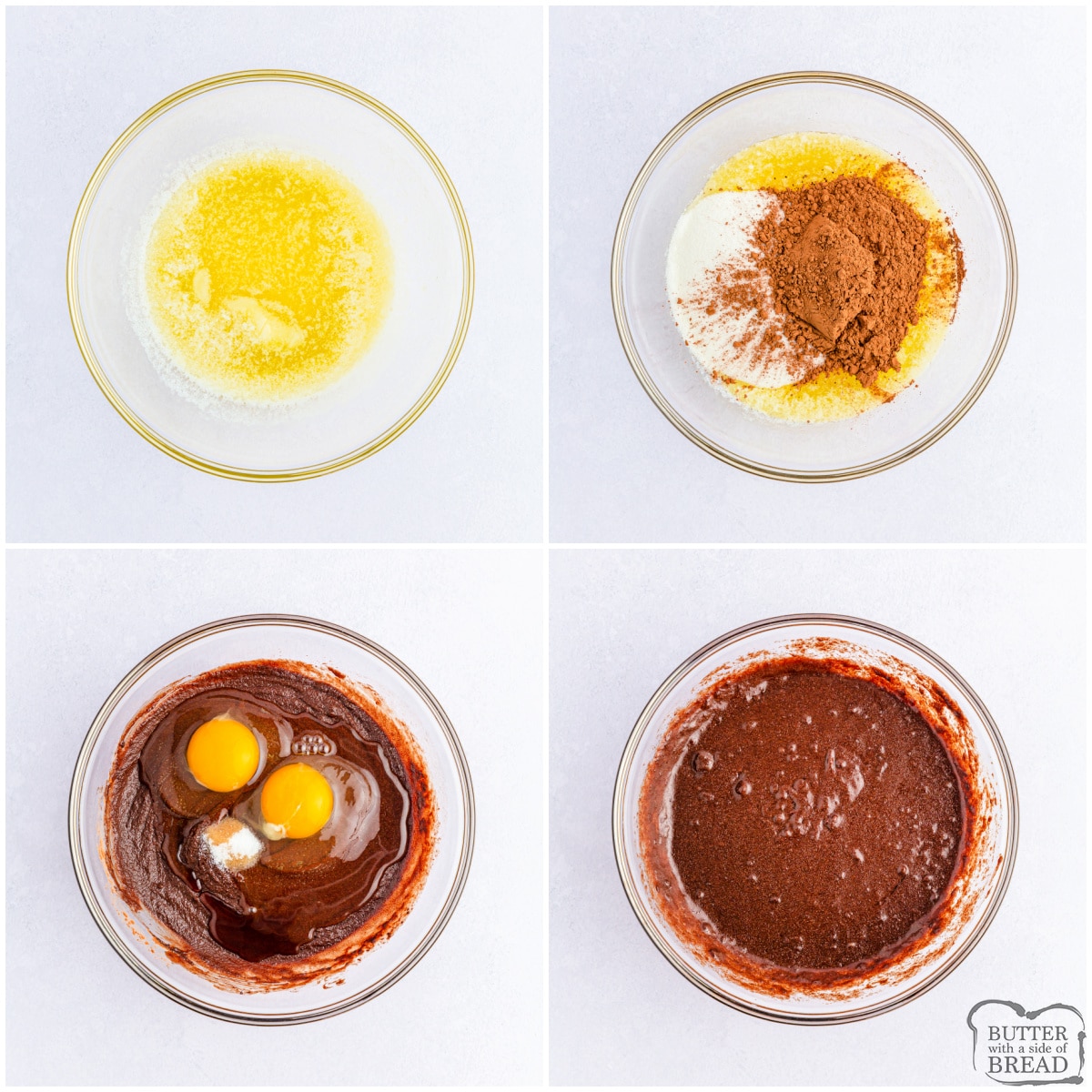 Mixing butter, eggs, sugar, and cocoa powder together. 