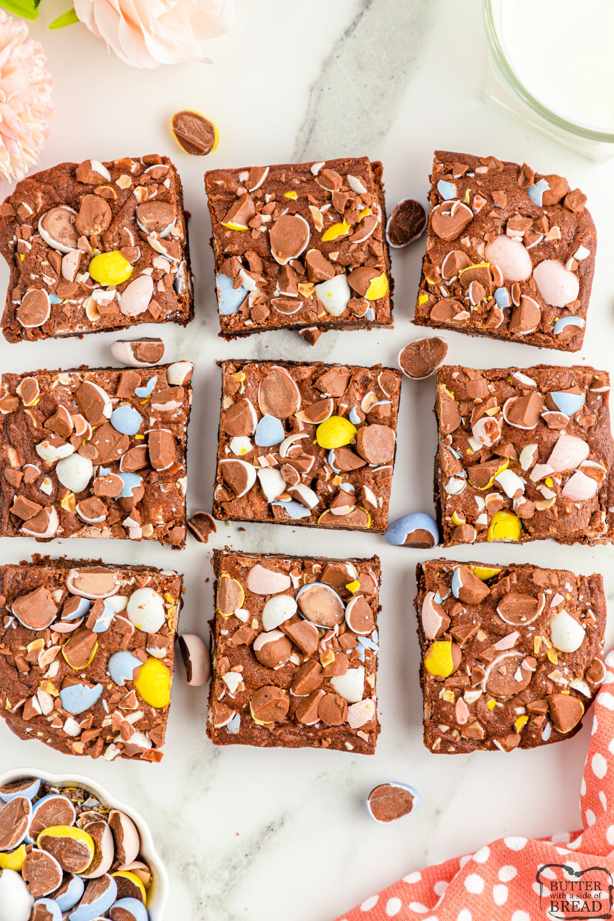 Sliced brownies with easter candy. 