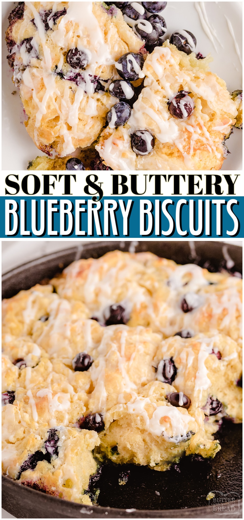 Blueberry Buttermilk Biscuits are soft and buttery and bursting with fresh blueberry flavor. Topped with an easy vanilla glaze, these sweet biscuits are perfect for breakfast or as a treat. One of my favorite biscuit recipes ever! #biscuits #blueberry #baking #buttermilk #easyrecipe from BUTTER WITH A SIDE OF BREAD
