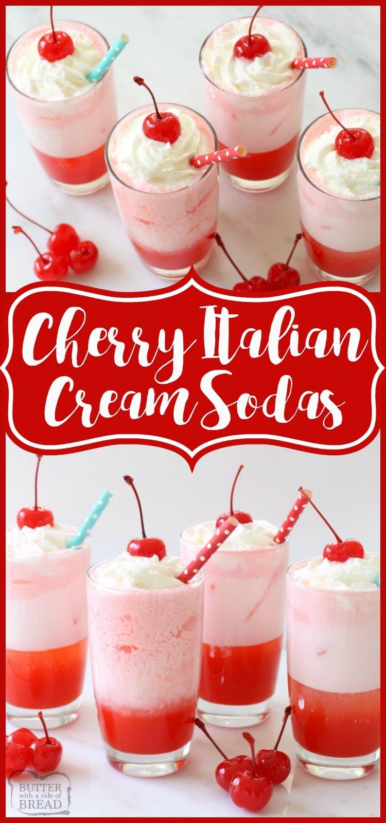 Cherry Italian Cream Sodas made with our simple 2-ingredient recipe for homemade cherry syrup! These fancy drinks are easy to make and so tasty! Festive #drink #recipe from Butter With A Side of Bread