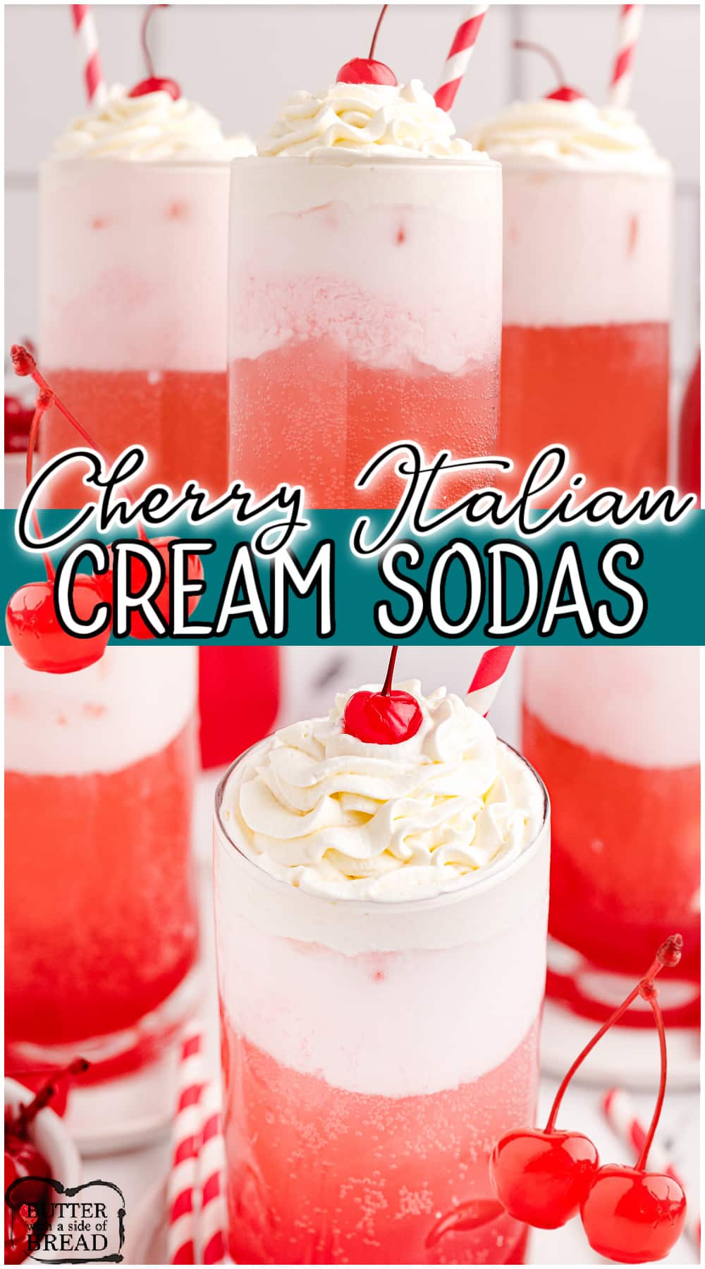 Cherry Italian Cream Sodas made with a 2-ingredient recipe for homemade cherry syrup! Homemade cream sodas are simple drinks that feel so fancy! 