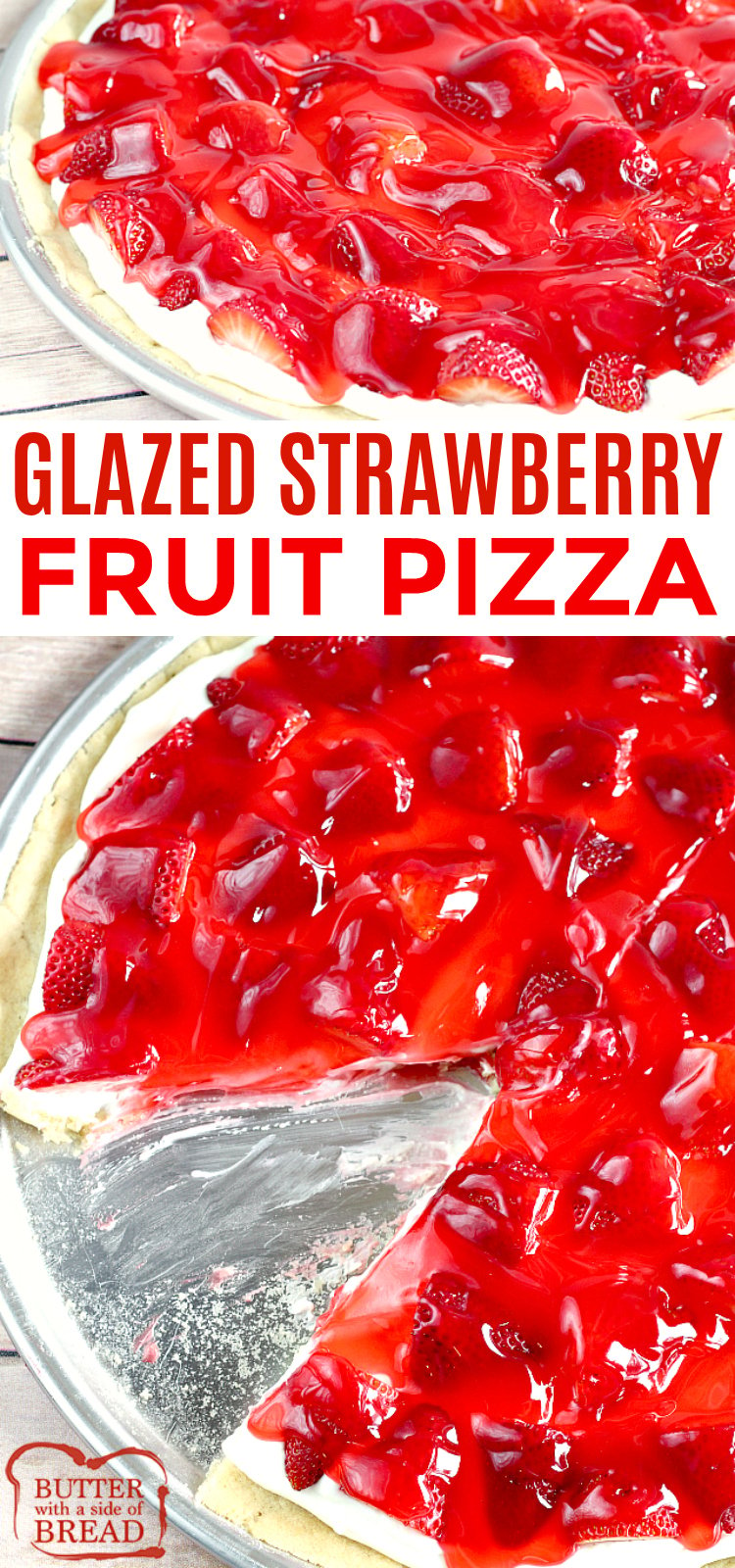 Glazed Strawberry Fruit Pizza is made with a sugar cookie crust that is topped with a cream cheese layer, fresh strawberries and a delicious strawberry glaze! This fruit pizza recipe is so easy to make by using pre-made sugar cookie dough and the glaze is made with strawberry jello and a few other basic ingredients.