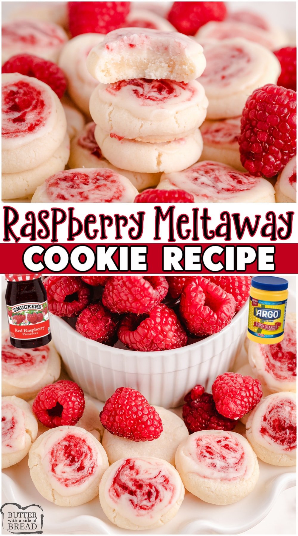 Raspberry Meltaway Cookies are soft & delicate & truly melt in your mouth! Perfect vanilla cookies topped with a sweet glaze swirled with raspberry jam. #cookies #raspberry #meltaways #baking #dessert #easyrecipe from BUTTER WITH A SIDE OF BREAD