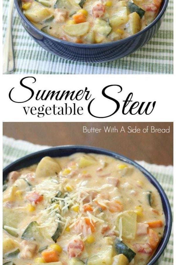 Delicious Summer Vegetable Stew filled with tomatoes, zucchini, carrots and more. Fresh flavors perfect for a weeknight summer meal when the garden is overflowing. Easy #stew / #soup #recipe from Butter With A Side of Bread