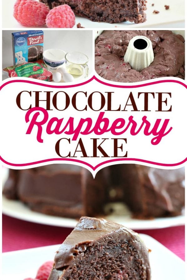 Chocolate Raspberry Cake is made with a cake mix and frozen raspberries and just a few more basic ingredients. This chocolate cake is topped with a simple and amazing chocolate ganache to create one of my favorite chocolate cake mix recipes!