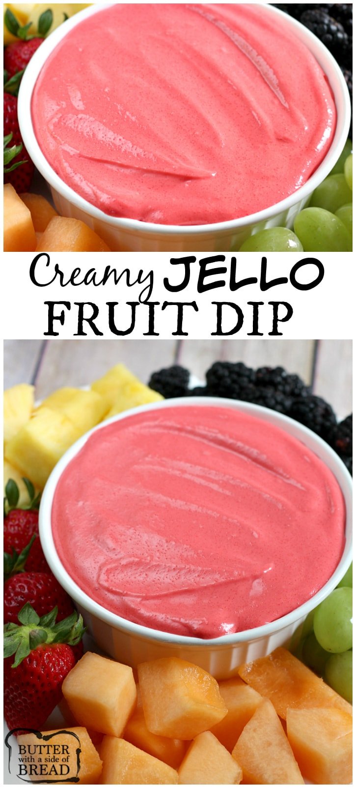Creamy Jello Fruit Dip is made with only 3 ingredients & can be made with any flavor of Jello that you'd like. It's the perfect dip for all of your favorite fruits! Easy recipe from Butter With A Side of Bread