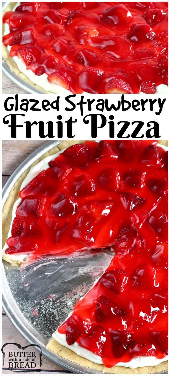 This delicious Glazed Strawberry Fruit Pizza is made with pre-made sugar cookie dough topped with a cream cheese layer, fresh strawberries and a strawberry glaze!