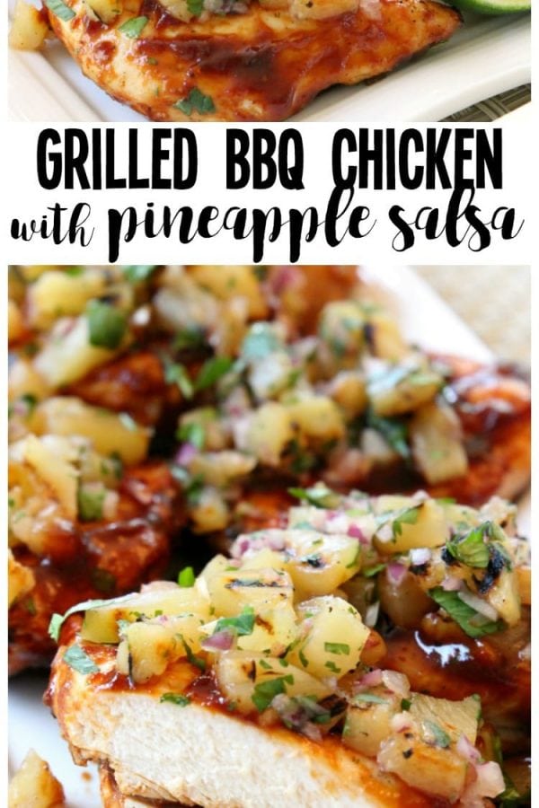 Easy Grilled Chicken smothered with thick & flavorful bbq sauce then topped with a delicious pineapple salsa is what's for dinner! Perfect for weeknight dinners or weekend get-togethers, the pineapple salsa pairs perfectly with the tangy grilled barbecue chicken.