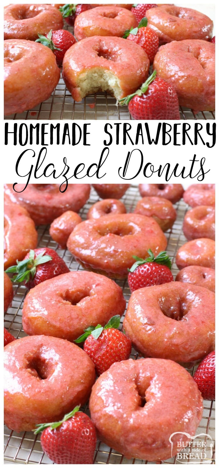 Incredible recipe for homemade Strawberry Glazed Donuts! Done, start to finish in about 30 minutes and OMG they taste SO good! The fresh strawberry glaze is amazing!