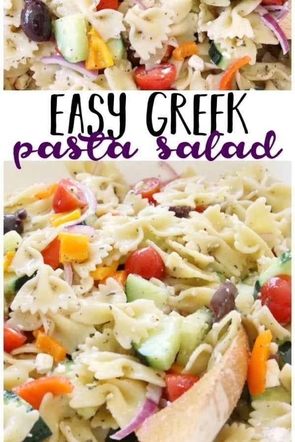 Greek Pasta Salad is fresh, flavorful and simple to put together. It's the perfect side dish! Loaded with vegetables and drizzled with a homemade lemon greek vinaigrette, it's easy to make and everyone enjoys it. Perfect topped with crumbled feta cheese and a few additional olives.