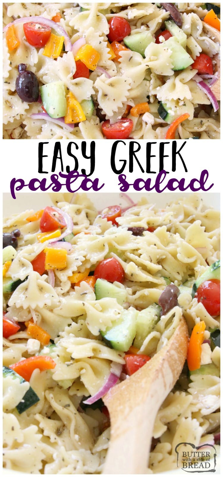 Greek Pasta Salad is fresh, flavorful and simple to put together. It's the perfect side dish! Loaded with vegetables and drizzled with a homemade lemon greek vinaigrette, it's easy to make and everyone enjoys it. Perfect topped with crumbled feta cheese and a few additional olives.