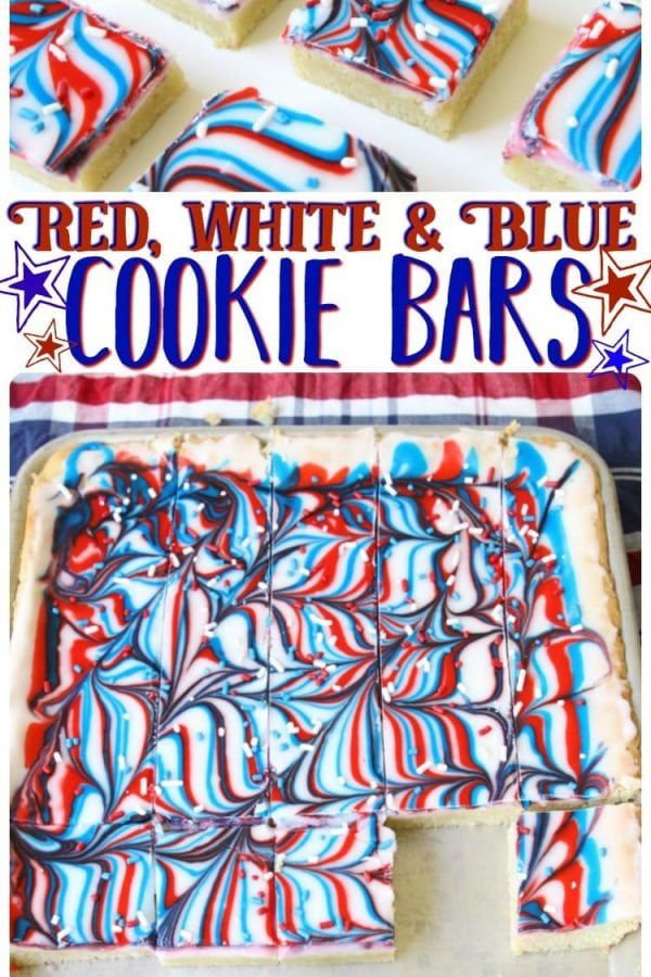 Fun Patriotic Cookie Bars made with swirled red, white & blue icing making them perfectly festive! Easy sugar cookie bar recipe for 4th of July & Memorial Day.
