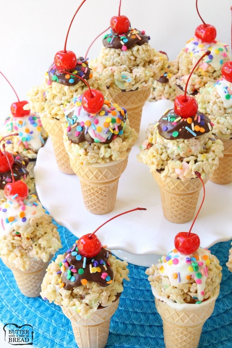 Rice Krispie Ice Cream Cones are easy to make & super cute too! Gooey marshmallow treats topped with melted chocolate, sprinkles & a cherry make these cute cones amazing. Bonus too- they each have a special treat inside the cone! 