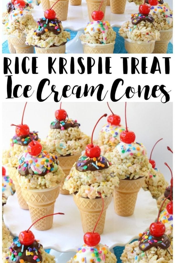 Rice Krispie Ice Cream Cones are easy to make & super cute too! Gooey marshmallow treats topped with melted chocolate, sprinkles & a cherry make these cute cones amazing. Bonus too- they each have a special treat inside the cone!