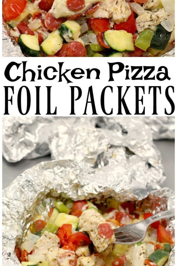 Chicken Pizza Foil Packets are full of chicken, pepperoni, veggies, seasonings and cheese and can be baked in the oven or on the grill!