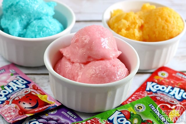 Easy Kool-Aid Sherbet made in lots of different flavors- orange sherbet, strawberry sherbet, blue raspberry sherbet, grape sherbet - and all the other flavors too!