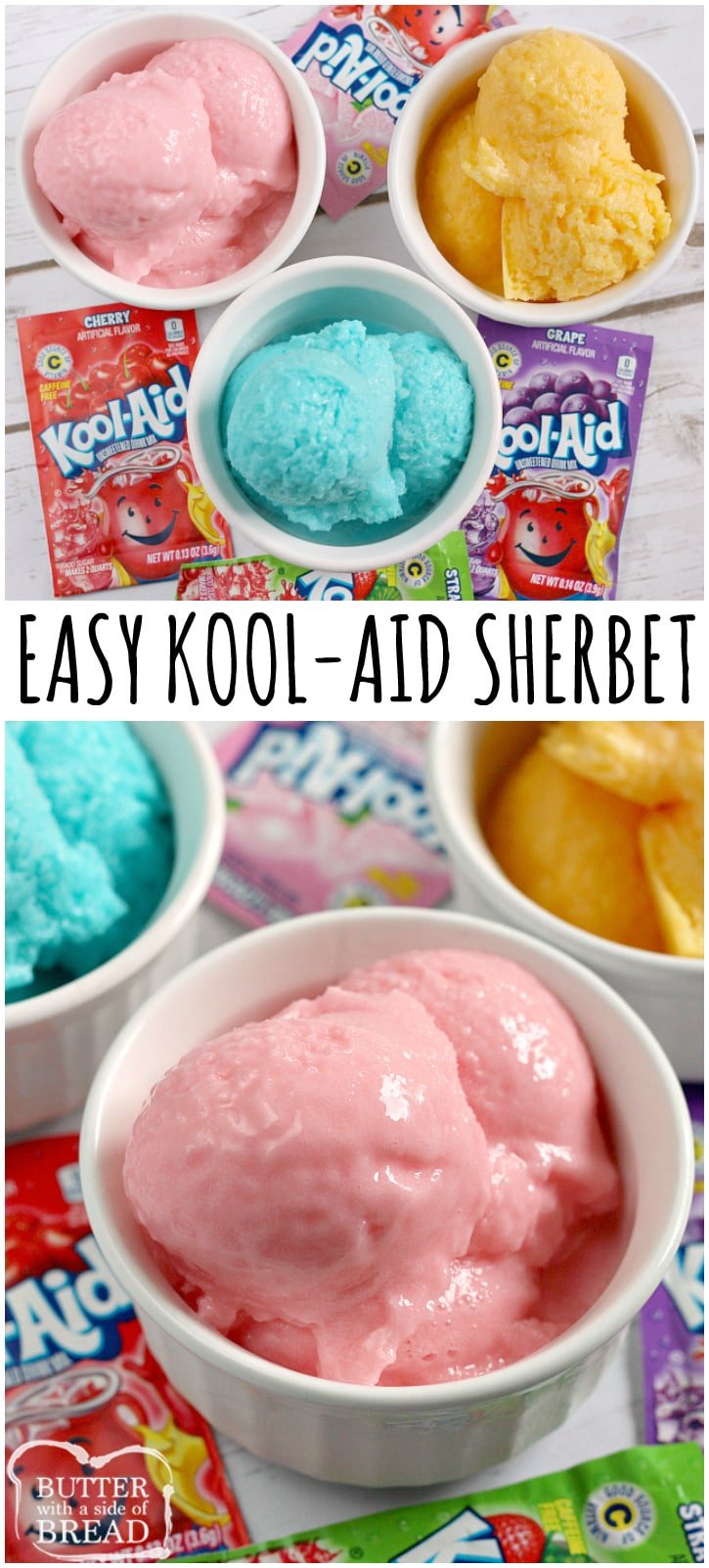 Easy Kool-Aid Sherbet is a delicious frozen treat that is made with only three ingredients! You can make strawberry sherbet, raspberry sherbet, watermelon sherbet - any flavor you want! 