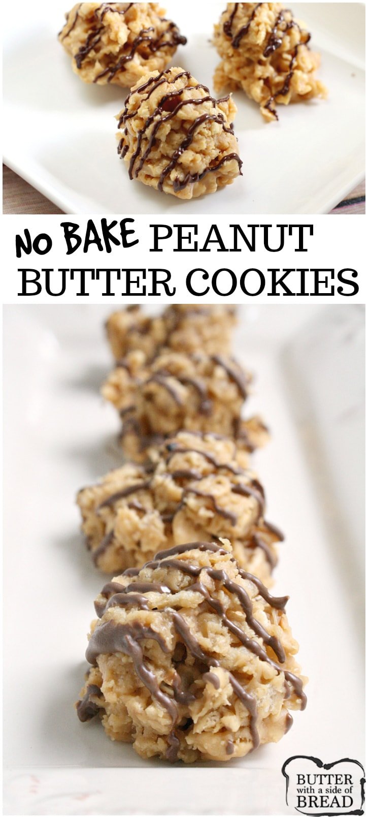 No-Bake Peanut Butter Cookies are crunchy, sweet and full of flavor. They only take a few minutes start to finish to make and EVERYONE loves them! Easy no-bake cookie recipe from Butter With A Side of Bread