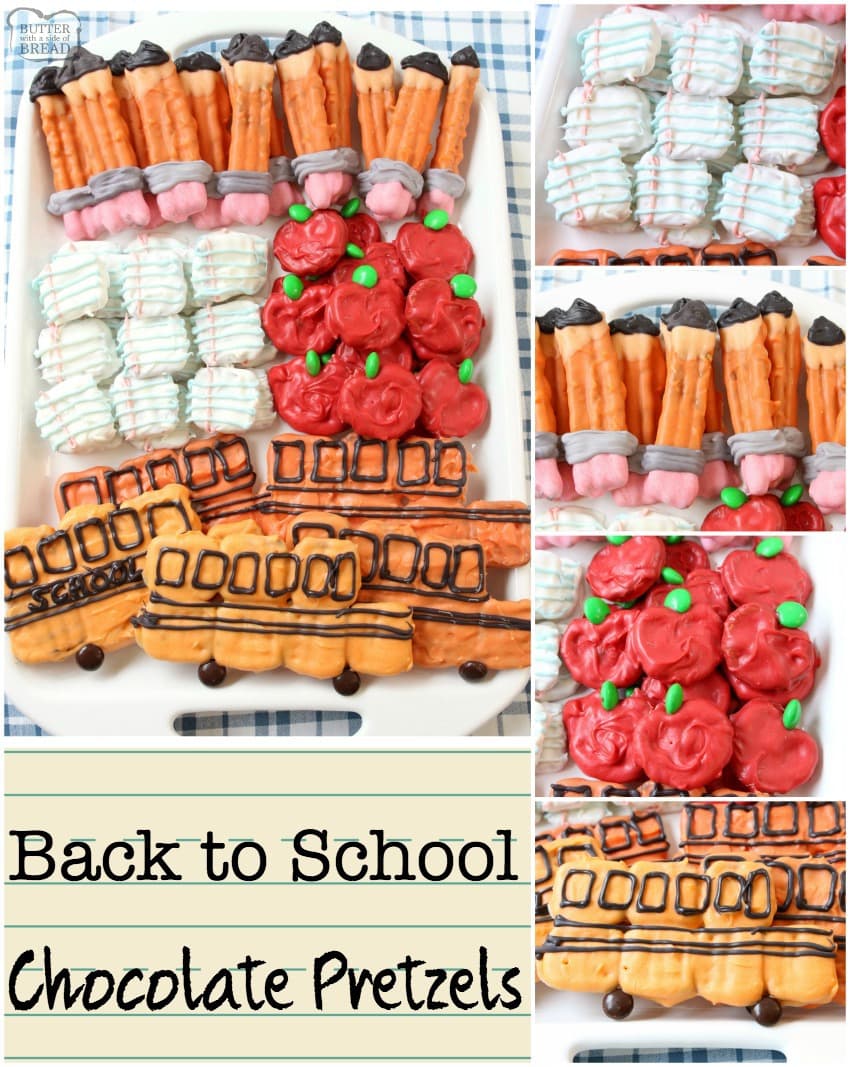 Back to School Pretzels made with chocolate and decorated to look like paper, apples, pencils and a school bus! Super cute treat to get everyone excited for school.