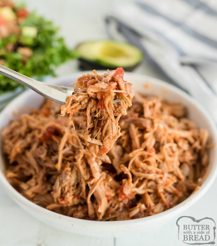 Easy Slow Cooker Sweet Pork requires just 3 ingredients and a slow cooker! Perfect crock pot pork recipe that only takes a few minutes of prep. Serve in tortillas, on a salad, or as a sandwich!