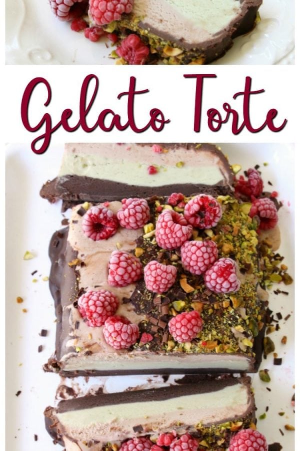 Gorgeous Gelato Torte recipe with sophisticated flavors. Three layers of rich, creamy gelato topped with chocolate ganache, pistachios & fresh raspberries.