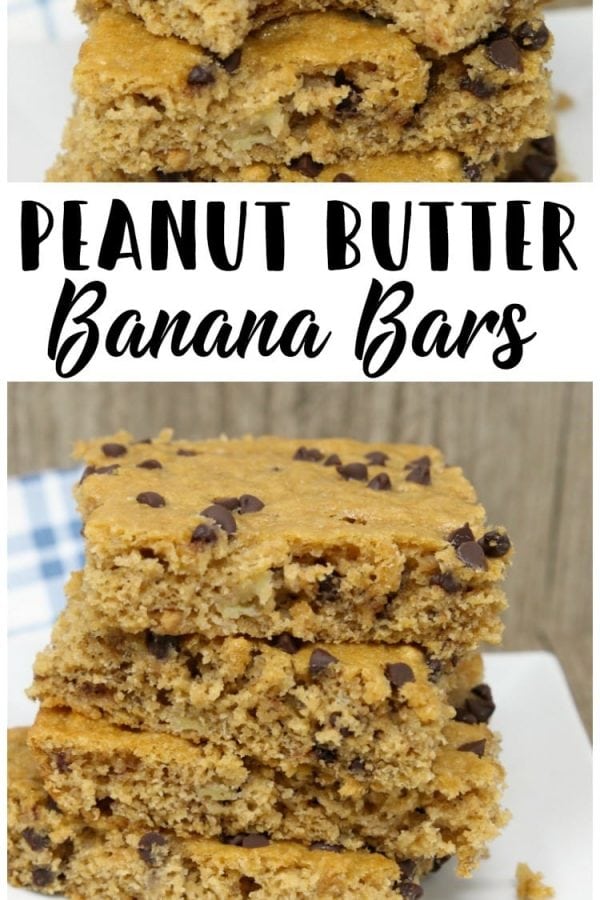 Peanut Butter Banana Bars are packed with bananas, whole wheat flour, peanut butter and chocolate chips. Perfectly sweet, filling & satisfying snack!
