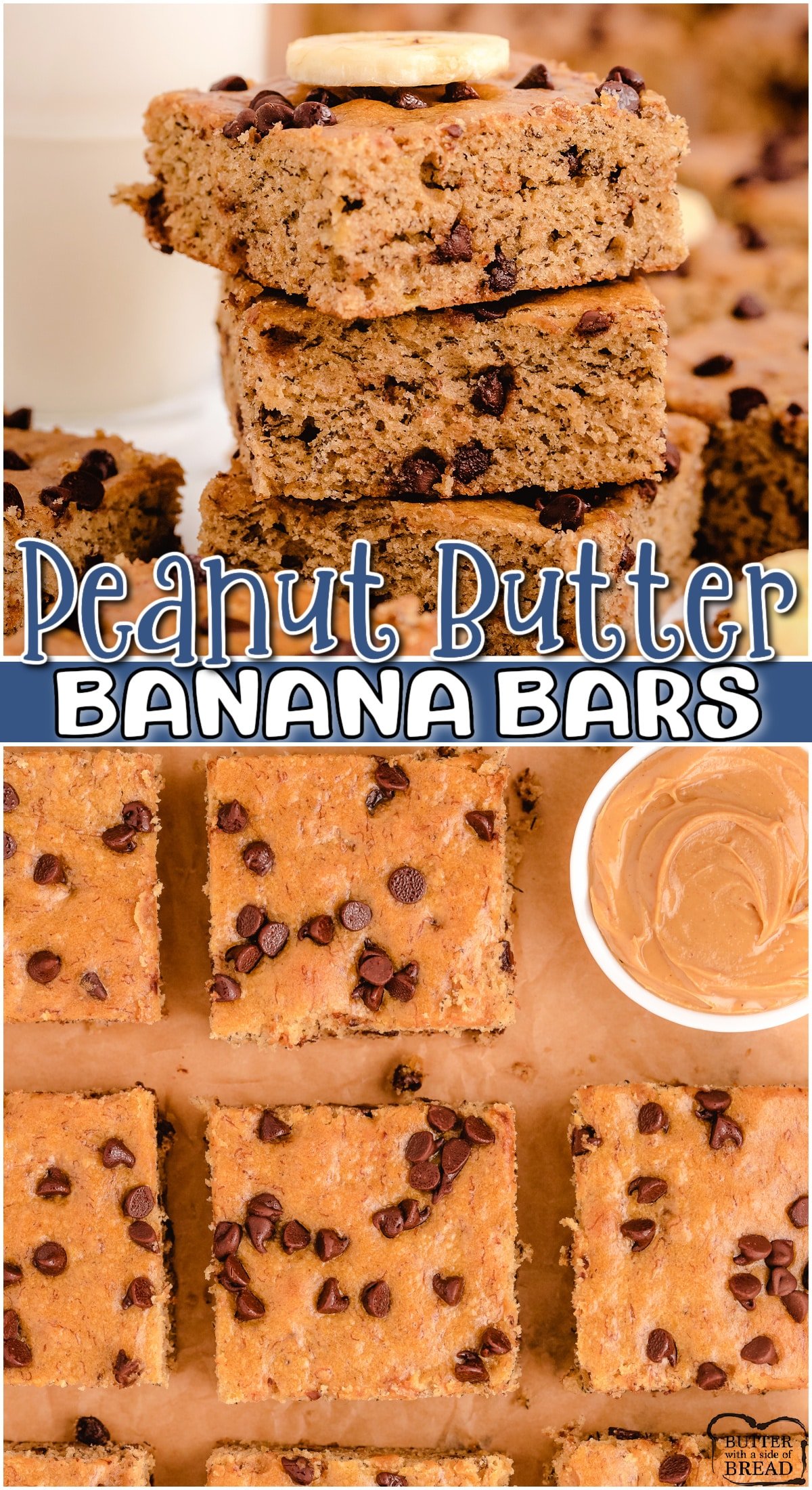 Peanut Butter Banana Bars are packed with bananas, peanut butter & chocolate chips. Banana Bars are the perfect thing to make with ripe bananas; my family goes crazy over them!