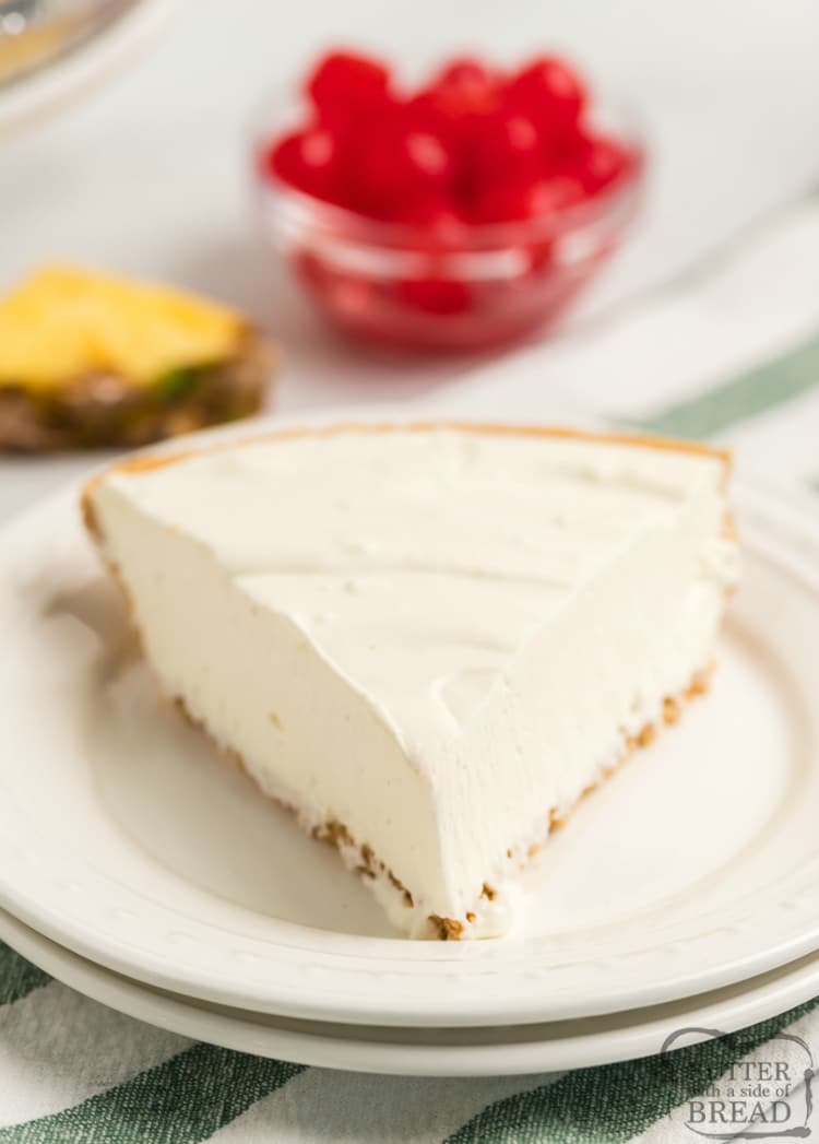 Easy Pina Colada Pie is a no bake dessert with only 4 ingredients! Everyone loves the fun tropical flavors of this simple, chilled pie recipe that only takes a few minutes to make! 