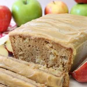Caramel Apple Bread bursting with fresh apple, spiced with cinnamon and nutmeg, then topped with an incredible 3 ingredient caramel glaze topping.
