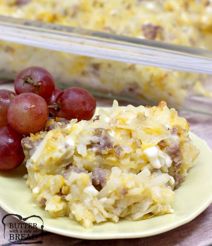 Cheesy Hashbrown Breakfast Casserole combines cheddar, Swiss and cottage cheese along with hash browns and your favorite breakfast meat!