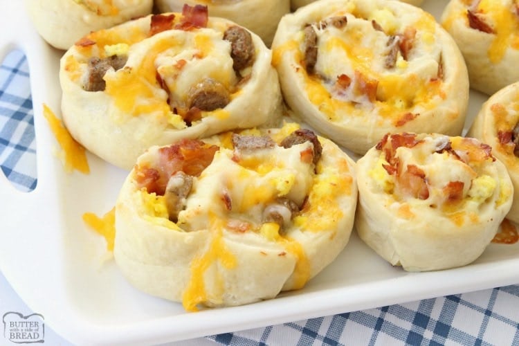 Breakfast Rolls filled with scrambled eggs, bacon, sausage & cheese then rolled in homemade dough and baked to perfection. These rolls are perfect for breakfast, brunch or dinner!