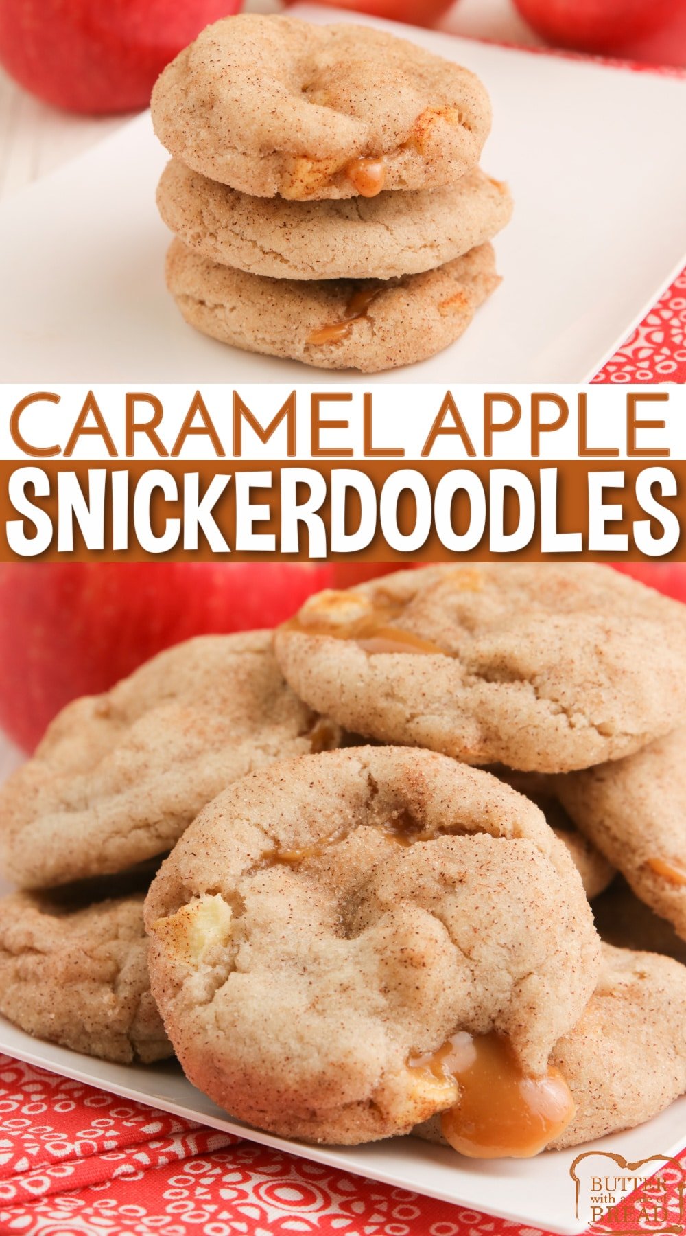 Caramel Apple Snickerdoodles combine the taste of your favorite cinnamon sugar cookie with the deliciousness of chewy caramel and fresh apples too! Soft, chewy and absolutely delicious! 