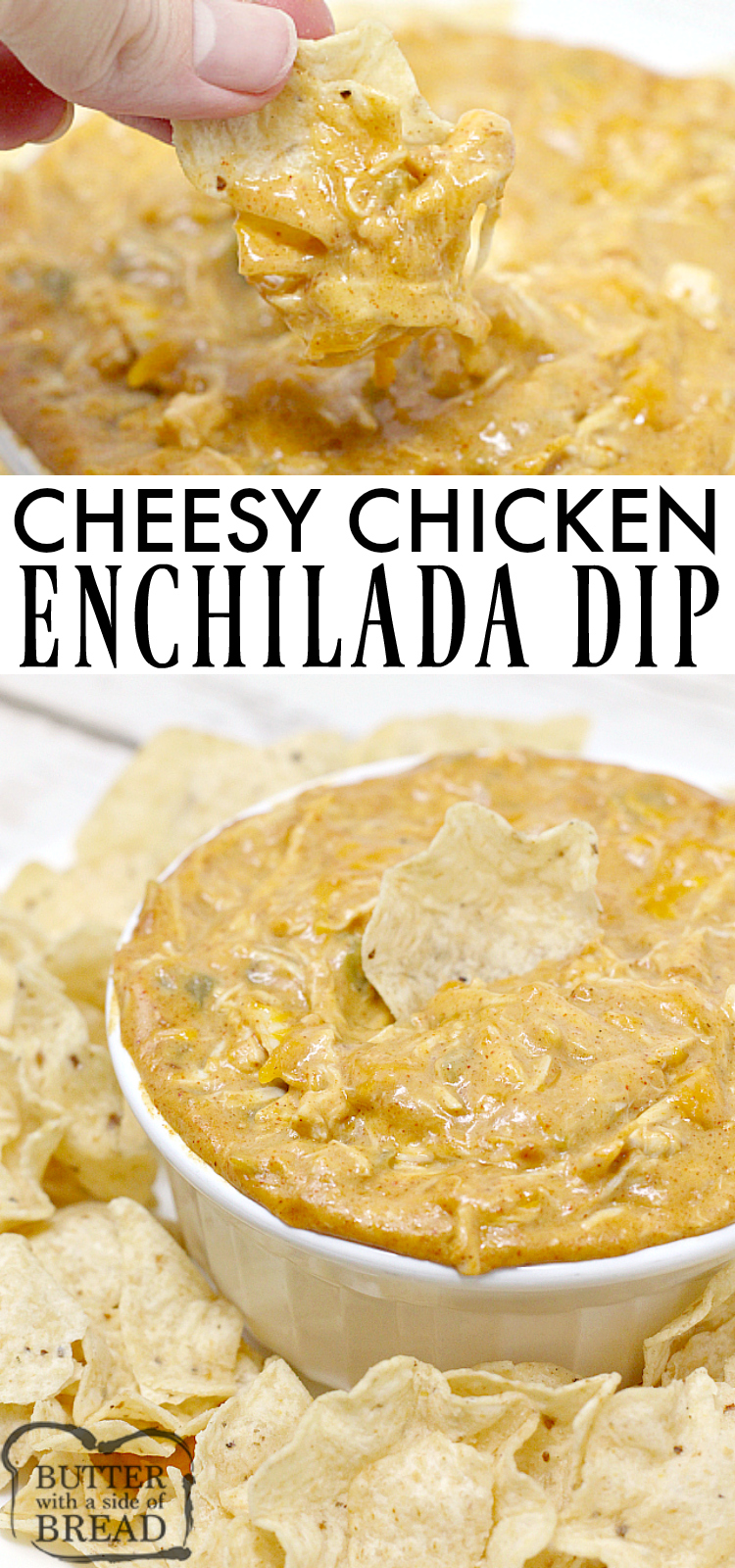 Cheesy Chicken Enchilada Dip is loaded with cheese, chicken, and a little bit of spice too! Add some chips and this is the perfect easy appetizer for a party!