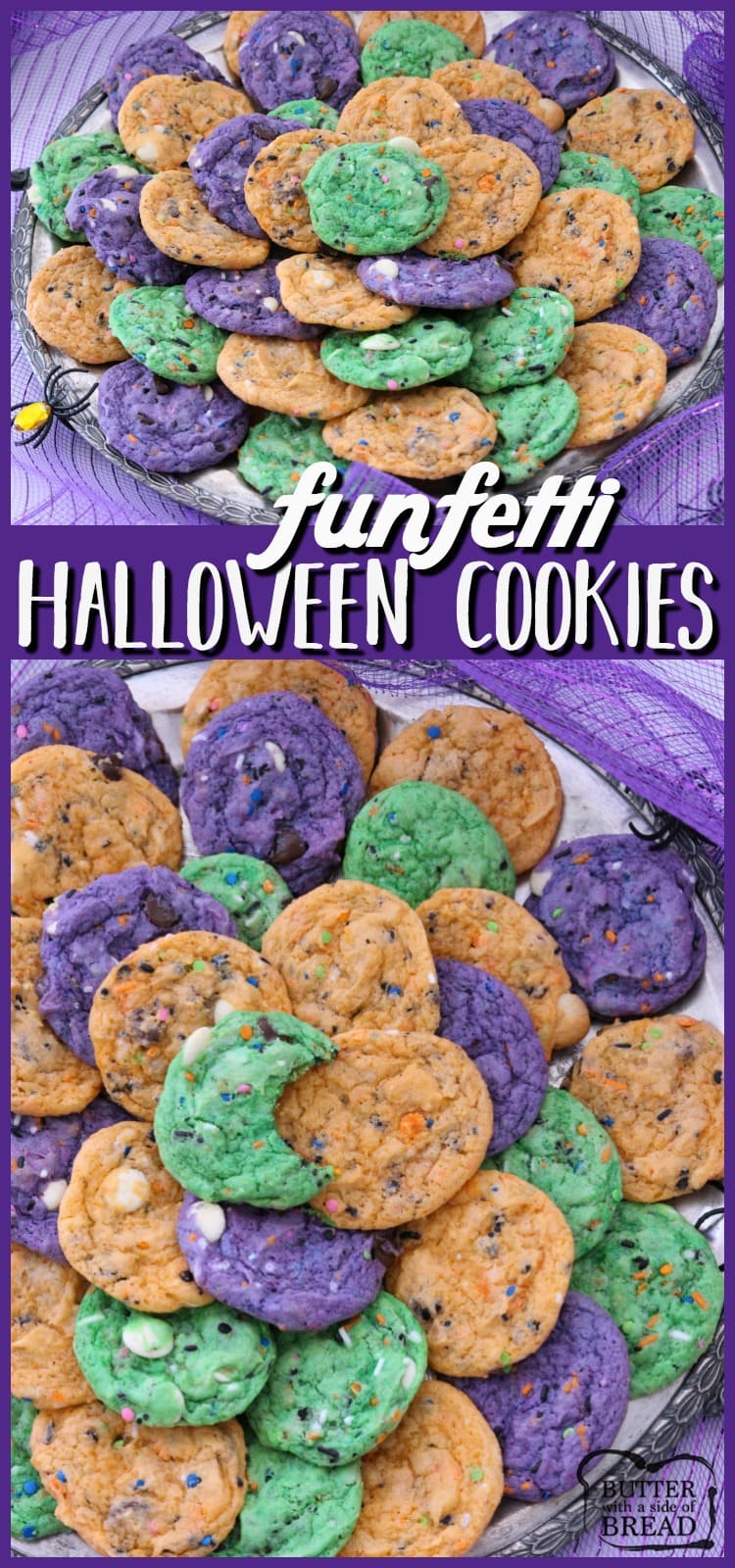 Funfetti Halloween Cookies are tasty & spooky treats made colorful with festive sprinkles baked into each cookie. We added pudding mix for texture and color for FUN!